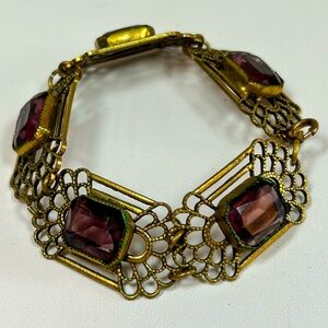 Vintage Czech Amethyst Glass Filigree Link Bracelet Art Deco